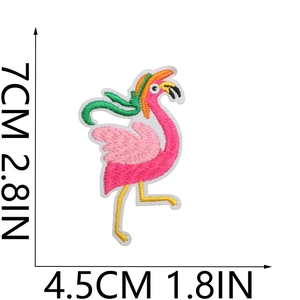 Detailed embroidery patch of a flamingo with a hat showing dimensions 7x4.5 cm