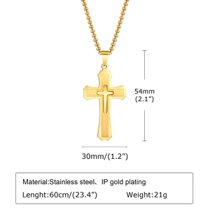 Dimensions techniques du collier pendentif croix double couche en acier inoxydable doré