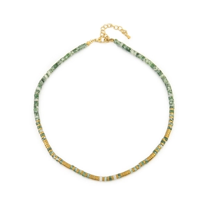 Ethnic style natural green stone beaded necklace with gold spacers and lobster clasp