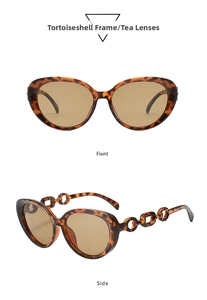 Detail of tortoise frame sunglasses with chain-link temples and tea lenses