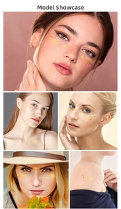 Detailed view of gold metallic freckle patches with stars and butterfly patterns
