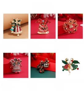 Detailed grid showing vintage Christmas brooches with enamel bells and rhinestones