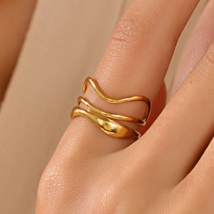 Triple Layer Wave Open Ring Stainless Steel 18K Gold Plated Adjustable Wavy Line Geometric Minimalist Jewelry Women