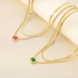 Stainless Steel Layered Necklace Flat Herringbone Snake Chain Cuban Link Rectangular Faux Gemstone Enamel Pendant Women