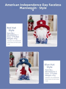 Detail view of 17x8cm Patriotic gnome plush with American flag stars and stripes theme