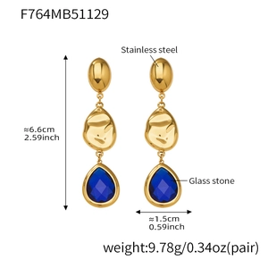 Detailed view of teardrop blue glass earrings with 18k gold plating on stainless steel