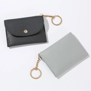 Compact PU leather wallets in black and grey with litchi texture and gold keyrings