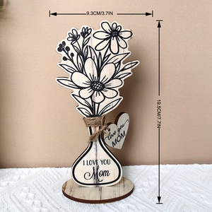 Macro detail of wooden flower bouquet with I LOVE YOU MOM engraving and jute rope