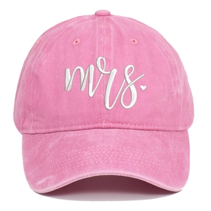 Detail of Mrs. embroidery and heart on a pink washed cotton vintage baseball cap