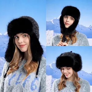 Faux fur winter trapper hat for women with sequins and warm ear flaps for cold weather