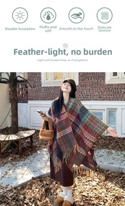 Close-up of thick knitted poncho with multi-color zigzag patterns and fringe details