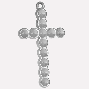 Detailed view of silver stainless steel cross pendant with circular recessed pattern