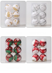 Detail view of four-color painted Christmas ball sets in transparent plastic gift boxes