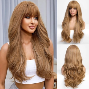 Detailed views of a long wavy honey blonde wig with bangs on a model and mannequin stand