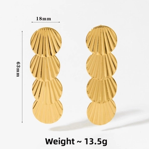 Detail showing dimensions of gold scallop layered drop earrings measuring 18mm by 63mm