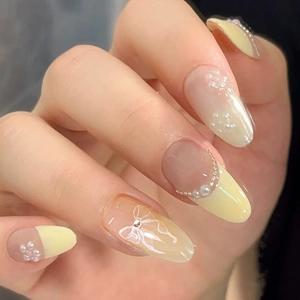French Cat Eye Press On Nails With 3D Bow And Artificial Pearls Long Almond False Nails For Women Elegant Sweet Style