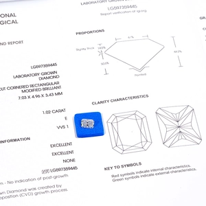 1.02 carat VVS1 lab-grown diamond displayed on its IGI authenticity grading report