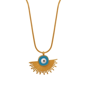 Vintage evil eye fan-shaped pendant necklace in gold-plated steel for women