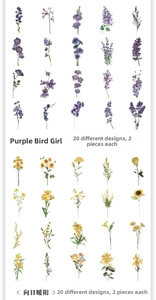 Detail view of 40-piece vintage flower PET stickers featuring sunflowers and lavender