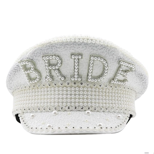 White sequins captain hat for brides featuring pearl BRIDE lettering and rhinestone trim