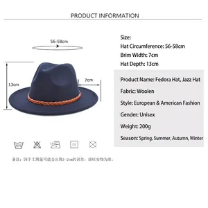 Navy wool fedora jazz hat with brown belt and detailed product size specifications
