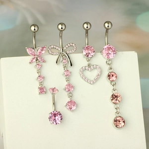 5-piece silver belly rings set with pink zircon hearts and butterfly pendants