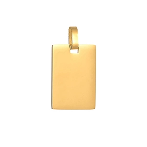 Macro shot of gold stainless steel rectangular pendant with smooth metallic finish