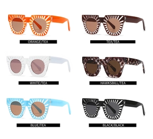 Collection of stylish square sunglasses in six diverse frame colors on white background