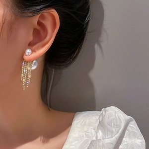 Elegant silver needle pearl tassel earrings with rhinestones on a female model