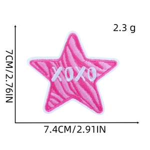 Pink star-shaped embroidery patch with XOXO text and size labels in 7.4x7cm dimensions