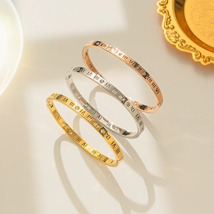 Roman Numeral Titanium Steel Bangle Bracelet For Women Rhinestone Inlaid Gold Silver Rose Gold Plated Minimalist Fashion Jewelry