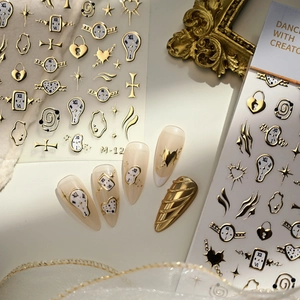 Luxury gold 3D nail stickers featuring surreal melting clocks and heart lock designs