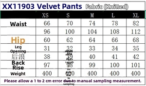 Tableau des tailles pour veste bomber et pantalon en velours avec mesures détaillées