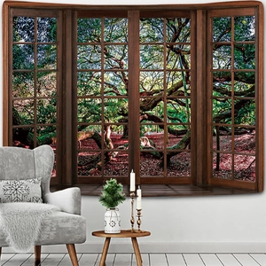 Detail view of 3D forest scenery tapestry with vintage wooden window frame design