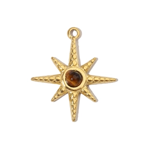 Macro detail of gold octagonal star pendant featuring a polished tiger eye stone center