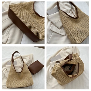 Detailed views of a woven beach tote bag with brown leather trim and interior pouch