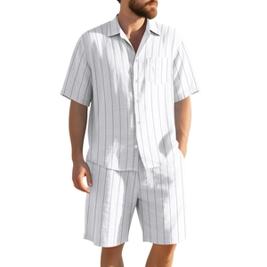 Men's summer linen striped set with short sleeve shirt and beach shorts in white and grey