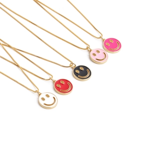 Copper Smiley Face Pendant Necklace Gold Plated Enamel Round Happy Expression Fashion Jewelry For Women