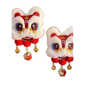 Chinese New Year lion dance hair clips with plush pom poms and golden bells for women