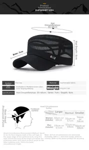 Sizing chart for flat top mesh sun hat with 55-60cm circumference and measurement guide