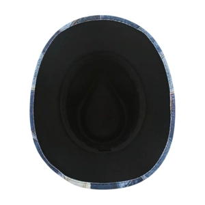 Bottom view of blue denim pattern brim jazz hat with black lining and sweatband