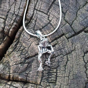 Vintage silver frog pendant necklace with snake chain on rustic wooden background