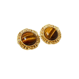 Vintage round brown tiger eye stone earrings with gold metal filigree for women