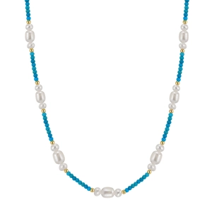 Bohemian freshwater pearl and turquoise beaded necklace with gold metal spacers