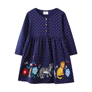 Girls Cotton Long Sleeve Dress Polka Dot Animal Embroidery Lion Tiger Giraffe Patchwork Round Neck Wooden Buttons Casual Outfit
