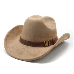 Western Cowboy Hat Suede Fabric Wide Brim Sun Protection Vintage Style Outdoor Riding Hat With Leather Belt Metal Buckles