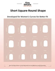 Size chart for short square press-on nails showing 12 dimensions from 14mm to 7mm width