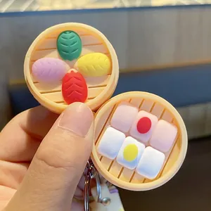 Porte-clés créatif en forme de panier vapeur chinois avec raviolis et brioches colorés