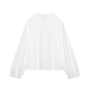 White cotton long sleeve shirt with tiered ruffle collar and puffy sleeves, back view