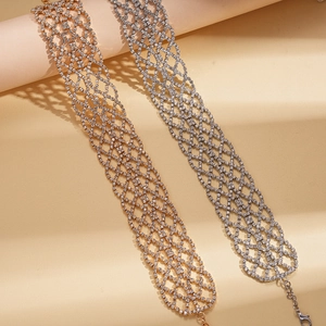 Luxe wide mesh choker necklace with geometric rhinestones in gold and silver finish